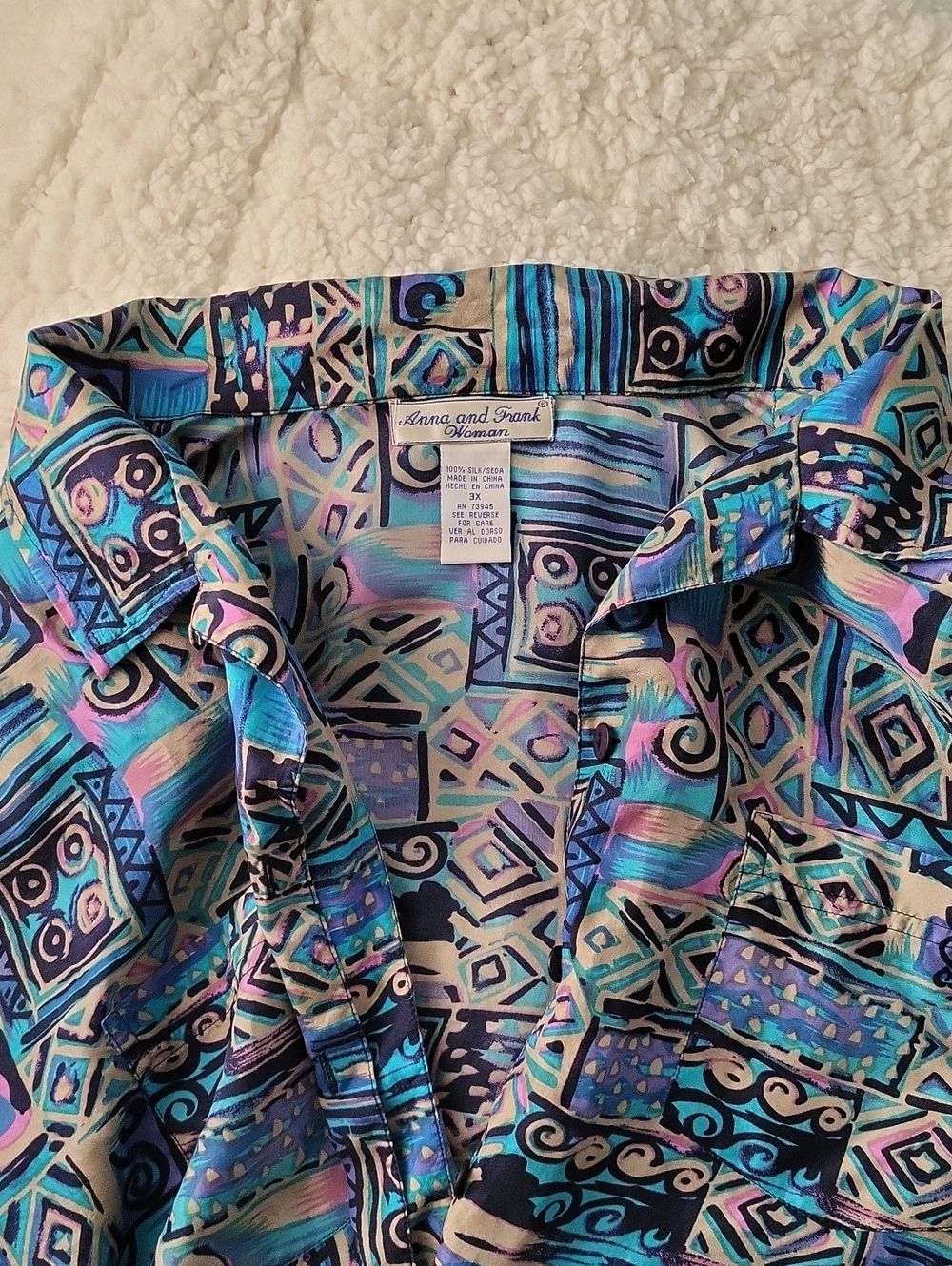 VINTAGE Anna And Frank Silk Abstract Geometric Shirt, Size 3X